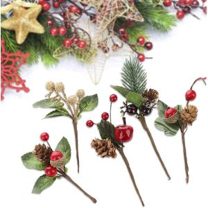 9 Pcs Artificial Pine Picks Christmas Pine Picks Pine Needles Branches with Red Berry Pinecones Berry Branches Fake Berries for Flower Arrangements Wreaths Holiday Xmas Tree Decoration
