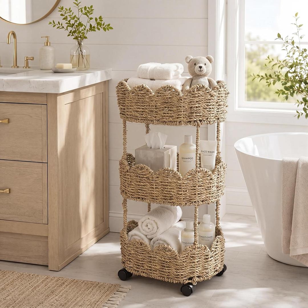 AceOrbit 3-Tier Scalloped Seagrass Wicker Rolling Storage Cart | Freestanding Rattan Rolling Basket Cart, Farmhouse Storage Shelf for Bedroom Bathroom Laundry Livingroom Home Decor