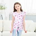 JESKIDS Girls Short Sleeve Shirts Ruffle Sleeve Tie Front Tie Dye Print Summer Tops Heart Bowknot 8-9 Years (White)