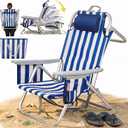 Aluminum Backpack Low Profile Beach Chair - 5-Position Lay Flat Reclining Folding Chair with Removable Cooler Bag - Heavy Duty 330 lbs Capacity, Lightweight Portable Sand Seat(1, Stripe Blue)
