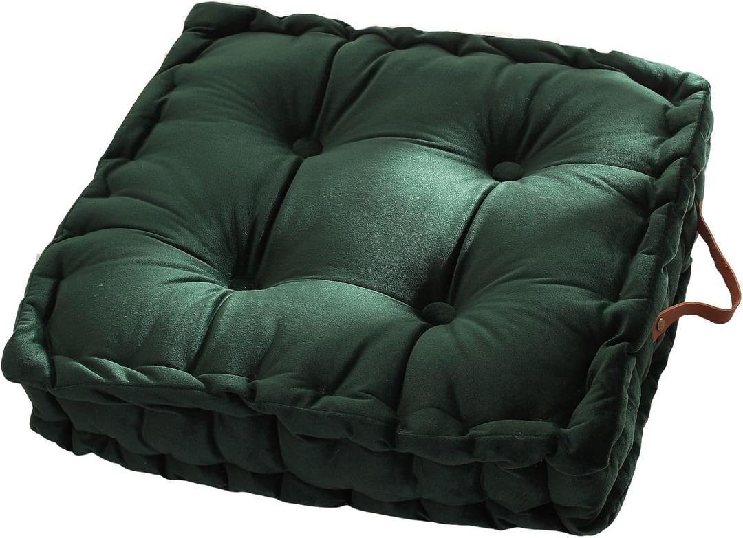 Vctops Square Solid Color Velvet Seat Cushion with Handle Tufted Thicken Chair Pad Tatami Floor Pillow Cushion 16.5"x16.5"x4" Green