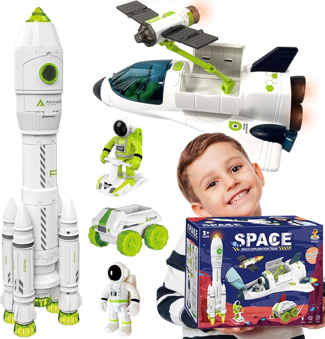 COOLDUCK Space Rocket Shuttle Toy Set, Spacecraft Airplane Toys for Kids with Lights & Sound & Astronaut Figures,Spaceship Toys Gift for Boys 3-5-8
