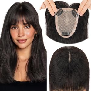 Elailite Hair Toppers for Women Real Human Hair Topper with Bangs Thinning Thin 9 * 12CM Silk Base Clip in Remy Hairpieces Hand-Tied 12 Inch Natural Black