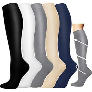 5 Pairs Plain Plus Size Compression Socks for Men & Women Wide Calf 20-30 mmHg Graduated Compression Stockings White Black Grey Navy Blue Nude Seamless Vetmed Reindeer Plantar Fasciitis(Plain,2XL-3XL)