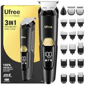 Ufree 3-in-1 Beard Trimmer Kit, Men's Electric Razor Shaver for Mustache, Professional Hair Trimmer, Type-C Rechargeable Clippers, Waterproof Body Grooming, Birthday Valentines Gifts for Him