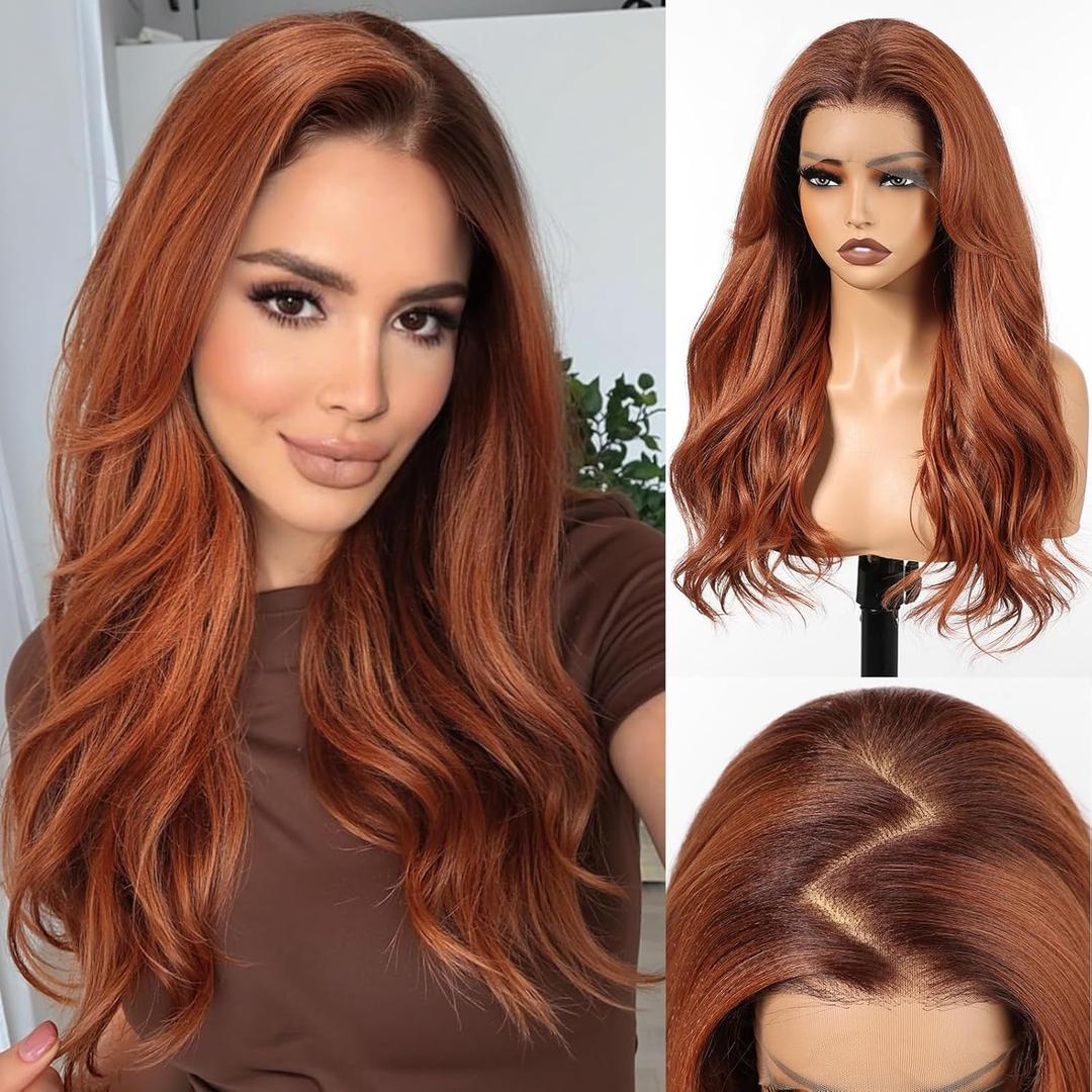 HAIRCUBE 13x6 HD Lace Front Wig Synthetic 22 Inch Auburn Long Wave Layered Glueless Wig for Women, Natural Look Daily Wear