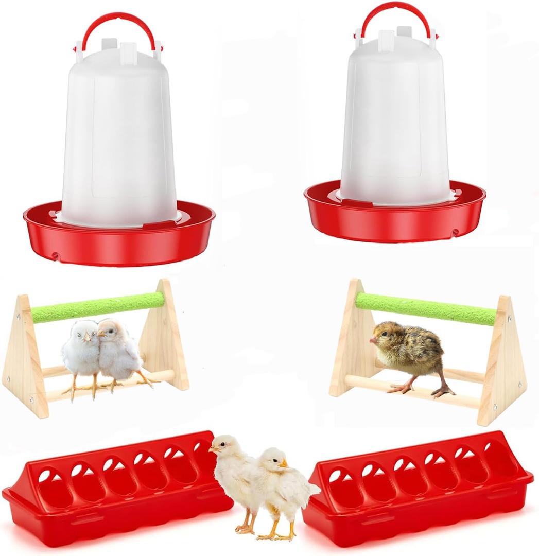 Chick Feeder and Waterer Kit, 6 Pcs Baby Chicken Supplies with 0.4 Gal Chick Waterer, Plastic Feeder Trough and Perch, Chicken Starter Kit for Coop and Brooder for Small Poultry Ducks Quail