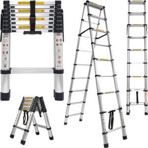 10.5 FT A-Frame Aluminum Telescoping Ladder,11+11Step Ladder, Silver | 330LB Load Capacity, Portable Folding Extension, Heavy Duty Collapsible Ideal for Home and Outdoor