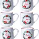 Christmas Ceramic Coffee Mug Set of 6, 16 OZ Holiday Porcelain Mugs, Wreath with Red Cardinal design With words Hope,Peace, Cheer, Joy, Love, Believe Cups for Xmas Gift Party Supplies