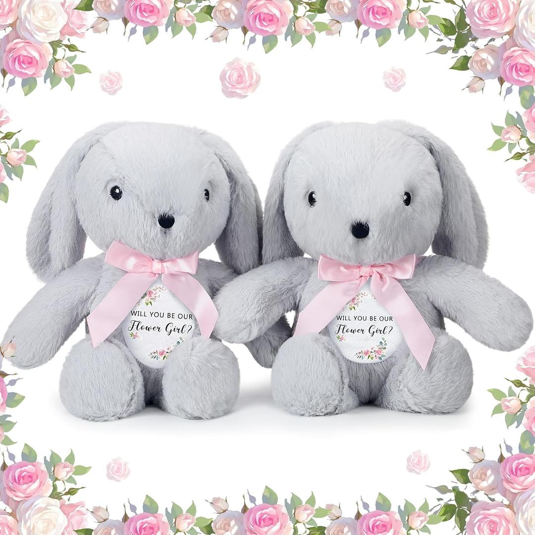 HyDren 2 Pieces Flower Girl Gifts Wedding 10 Inch Bunny Stuffed Animal Will You Be Our Flower Girl Proposal Gifts from Bride for Wedding Proposal Anniversary Party