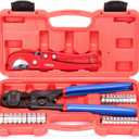 iCrimp Ratchet PEX Cinch Tool with Removing Function for 3/8-in, 1/2-in, 3/4-in, 1-in Stainless Steel Clamp, PEX Crimper with 20PCS 1/2-in, 10PCS 3/4-in PEX Clamps and Pipe Cutter- All in One