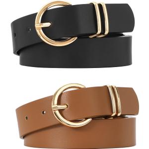 VONMELLI 2 Pack Women's Leather Belts for Jeans Dresses Fashion Gold Buckle Ladies Belt (A-black+brown)