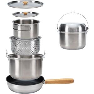 KingCamp Camping Cookware Set 304 Stainless Steel Campfire Cooking Pots Pan and Kettle with Travel Tote Bag for Camping Outdoor Kitchen Cooking Picnic for 4-6
