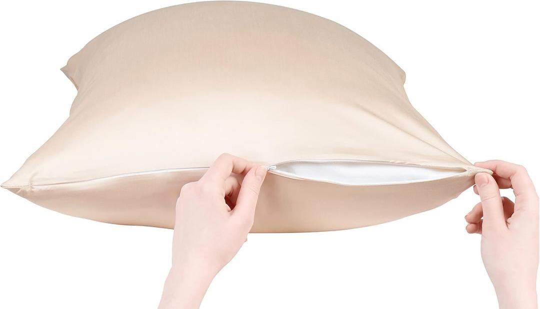 2 x Anti Acne Pillowcase - King Size 20"x36" with Zipper, Premium 75% Viscose Derived from Bamboo, 25% Modal Blend, Beige, 1 Piece - Cooling Silky Satin Pillow Case - Oeko-TEX Certified