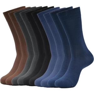 Men's Bamboo Fiber Dress Socks, Solid Color Breathable Moisture-Wicking, Brown Gray Navy, Crew Socks,5 Pack, 9-13