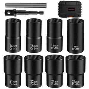 GIREORAN Wheel Lock Removal Kit, 10 Piece Lug Nut Remover, 1/2-Inch-Drive Impact Easy Out Bolt Extractor Socket Set for Removing Damaged, Frozen, Rusted, Rounded-Off Bolts, Nuts & Screws