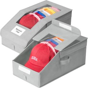 Hat Organizer for Baseball Caps, 2 Pack Stackable Hat Storage Boxes with Clear Window, Holds up to 28 Caps, Foldable Hat Organizer for Closet & Shelf, Grey