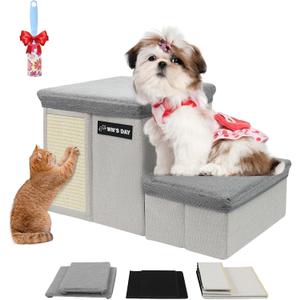 Dog Stairs for Bed Couch Folding with Storage, Dog Stairs for Small Dogs to Get On Bed with Cat Condo, Steps for Large Medium Dogs, Old Cat Pet Stair Steps for High Beds 13" H, Pet Ramp Up to 220LBS (Grey)