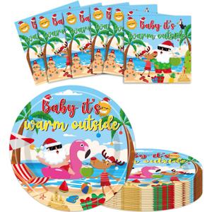2 x Summer Christmas Baby Shower Decorations - 50Pcs Christmas in Summer Plates and Napkins Set Tropical Hawaiian Xmas Party Supplies for Beach Pool Picnic, Serves 25