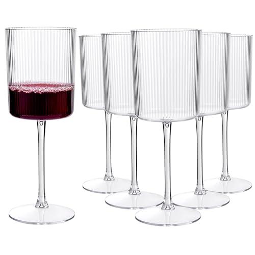 YOUBET 5 Pack Plastic Ribbed Wine Glasses - 10 OZ Clear Square Wine Glasses with Stem - Heavy Duty Vintage Disposable Champagne Cups for Wedding Parties
