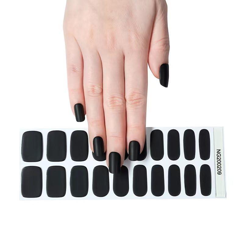 Semi Cured Gel Nail Strips, False nails Nail gel,Black,20pcs Gel Polish Nail Wraps,Salon Quality, Easy to Apply & Remove,Includes 1 Lamp, Nail File & Wooden Stick (Black(with LED light))