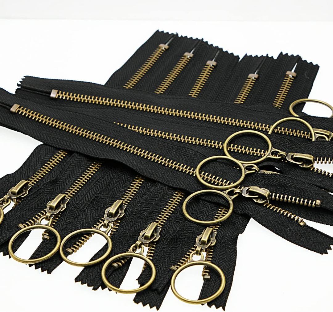 Leekayer 10 PCS 12 Inch (30cm) #5 Metal Zippers for Sewing Bags Crafts Antique Brass Plated Brass Zippers Ring Pull Bronze Zipper Bulk (#5 Anti-Brass)
