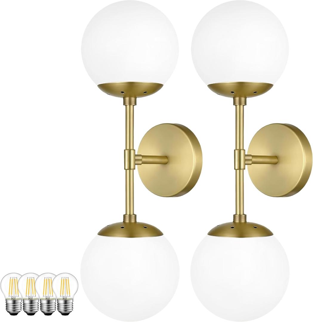 KoKo&Yukina 2 Pack Gold Vanity Light Fixtures Mid Century Modern Bathroom Vanity Light with Milky White Glass Globe Sconce Lights Fixture Vanity Lights for Bathroom (Bulb Include)