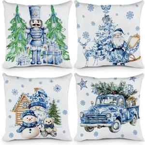 Mixweer 4 Pcs Chinoiserie Christmas Blue and White Throw Pillow Covers 18 x 18 Inch Nutcracker Pillow Covers Chinoiserie Christmas Decor Sleigh Xmas Tree Santa Claus Outdoor Decor for Home