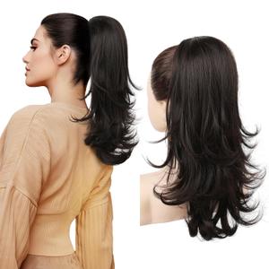 LONAI Ponytail Extension for Women,18 Inch Layered Wavy Pony Tail Hair Extensions, Natural Drawstring Ponytail Synthetic Hairpiece for Daily Wear (Black Brown)