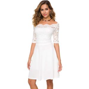 Atnlewhi Womens Vintage Lace Off Shoulder Puffy Swing Dresses Sexy Mini Dress for Party Cocktail, Swing-White, XL