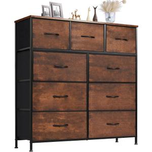 Sweetcrispy Dresser for Bedroom with 9 Storage Drawers, Large Fabric Storage Tower Organizer, Chest of Drawers with Metal Frame Wooden Top for Closet, Living Room, Entryway, Brown, 39.4"D x 11.8"W x 40"H