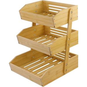 Fruit Basket for Kitchen Counter, 3 Tier Fruit Stand, Fruit Vegetable Storage Basket, Fruit Bowl for Kitchen Counter, Large Bamboo Basket Display Rack, Fruit Holder Produce Basket