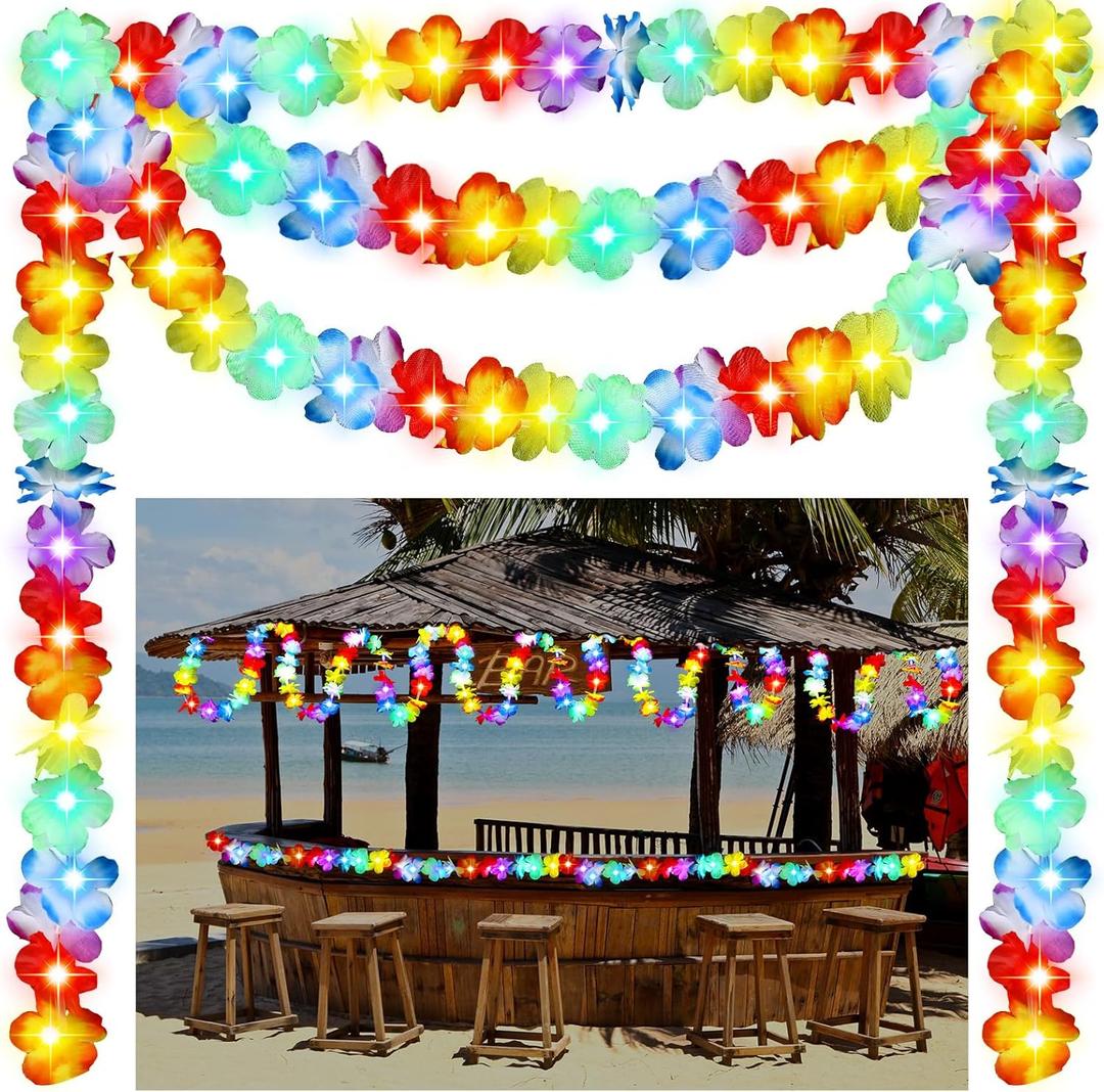 35.43ft Light up Hawaiian Flower Lei Garland Tropical Hawaiian Garland LED Lighted Luau Party Flower Banner for Luau Summer Beach Party Decorations