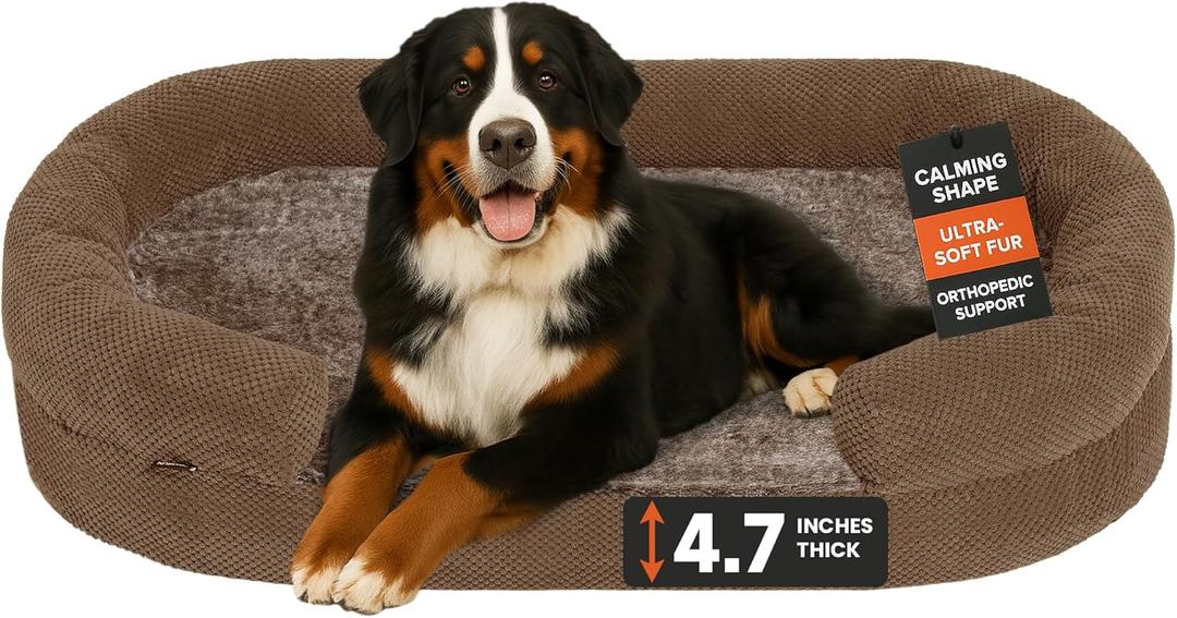 Orthopedic Dog Bed for Extra Large Dogs, Egg Crate Memory Foam Fluffy Fur Sofa with Comfortable Sides, Soft and Big Dog Couch Bed with Washable Removable Cover and Non-Slip Oval Bottom, Camel (XXL(52", UP to 150lbs))