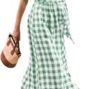 CHARTOU Women's Summer  Plaid Puff Short Sleeve Dress Button Down Long Shirt Dress with Belt  (X-Large, Green)