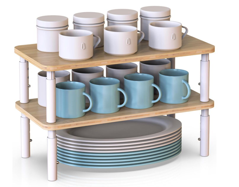 WELL WENG Cabinet Organizer Shelf, Spice Rack Set of 2 Kitchen Pantry Cupboard Shelves, Stackable, Height Adjustable, Natural Bamboo (11.7" Wx77.Dx6.57 H per Pack)