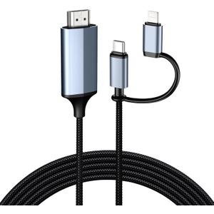 2-in-1 Lightning & Type C to HDMI Cable [6FT], HDMI Cable for iPhone, Dual Interface for All iPhones (17/16/15/14/Pro/Max) & iPad Pro/Air, Sync Video and Sound (Not for Laptops or Android)