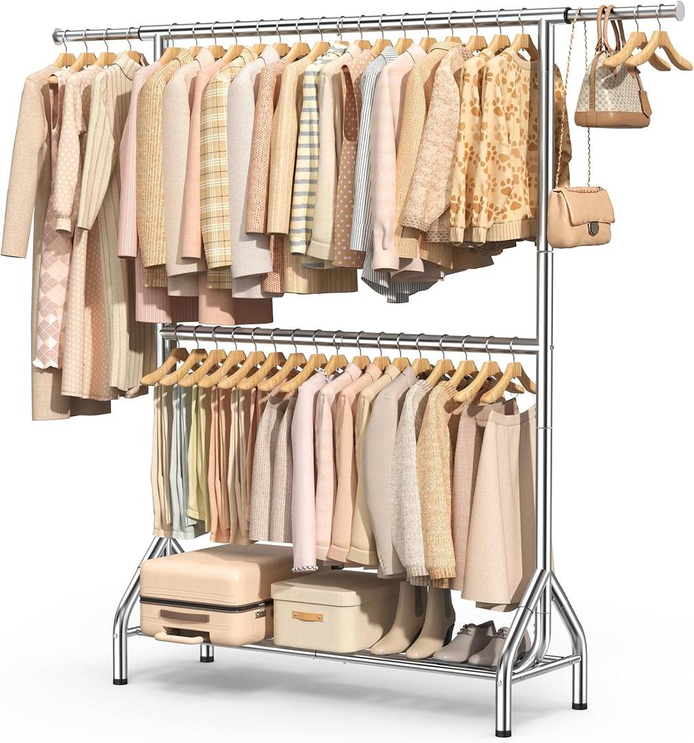 EAGMAK Double Rod Clothing Rack Load 622 LBS, Heavy Duty Clothes Rack for Hanging Clothes, 82.68 inch High Garment Rack with Storage Shelves, Metal Clothing Hanger Closet Wardrobe Organizer (Silver)