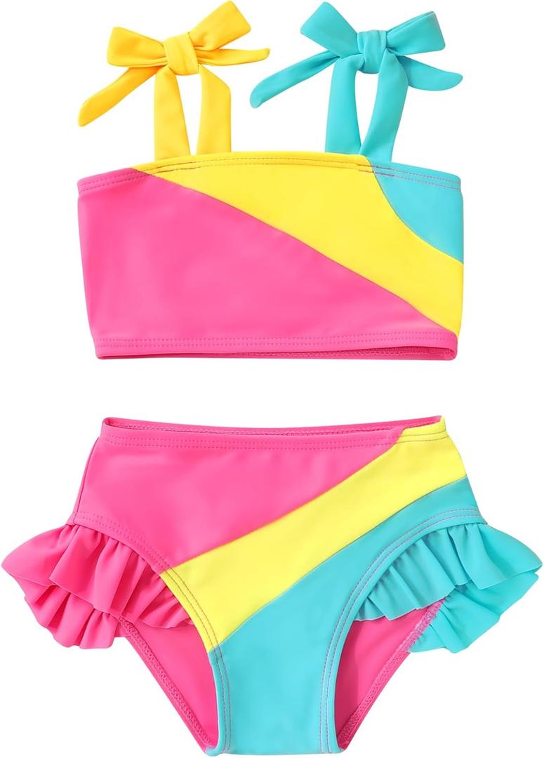 YOUNGER TREE Toddler Girls Two Pieces Swimsuit Color Block Stripe Swimwear Summer Beach Bathing Suit (18-24 Months, Pink Yellow)