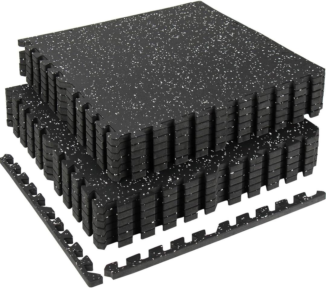 0.56in Thick 48 Sq Ft Exercise Equipment Mats, 12 Tiles Rubber Top EVA Foam Workout Mats, Interlocking Gym Flooring for Home Gym, 24 x 24in, Black & White