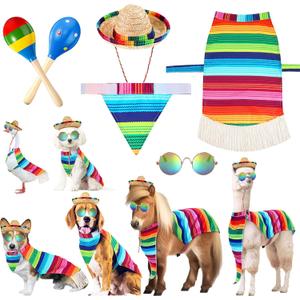 Abbylike 5 Pcs Mexican Dog Miniature Horse Alpaca Yard Goose Costume Set Include Rainbow Poncho Sombrero Hat Pet Sunglasses Maracas for Cinco De Mayo, Day of The Dead, Mexican Theme Party(Large)