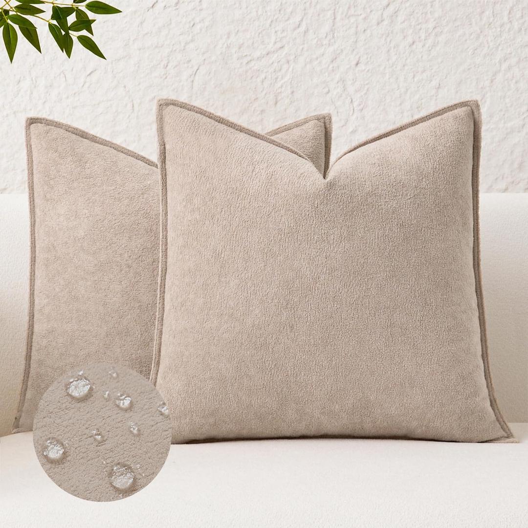 Kevin Textile Waterproof Decorative Pillow Covers Khaki 22x22 Inch Pack of 2 Soft Boucle Textured Euro Pillowcases Elegant Accent Pillows for Couch Sofa Chair Bed Home Decor Indoor Outdoor
