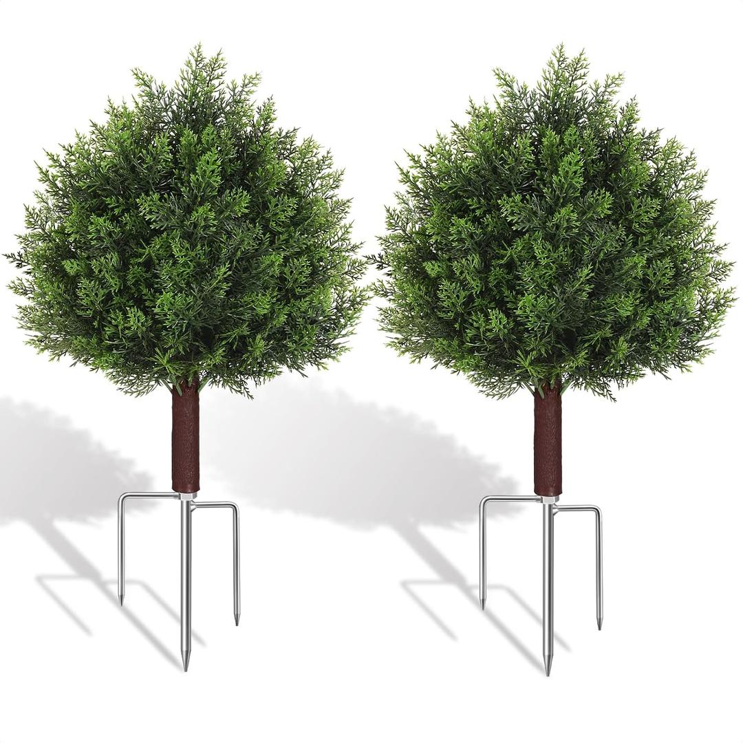 Suntee Artificial Cedar Topiary Trees with Ground Spike, 2 Pack Fake Bushes Topiary Trees Artificial Outdoor, UV Resistant Evergreen Outdoor Faux Plants for Garden Front Porch Decor (18.9in+7.1in)