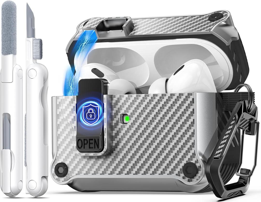 2 Packs R-fun Compatible with AirPods Pro 2nd Generation 2023(USB-C),2022(Lightning Cable),1st Gen 2019 Charging Case, Full Drop Protection Auto Pop-Up Lid Design with Cleaner Kit,Carbon Fiber Silver