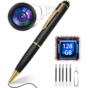GIAOQ 128G Spy Camera, 1080P Mini Hidden Camera Pen with 300 Minutes Battery Life, Nanny Camera, Portable Nanny Video Recorder-One Button Security Camera for Home, Office