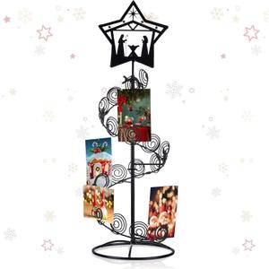 Cinnvoice Metal Christmas Card Holder 19.6" Spiral Xmas Tree Card Photo Picture Holder Stand with Nativity Star Topper Tabletop Display Decorative for Christmas Holiday Decor(Black,Elegant Style)