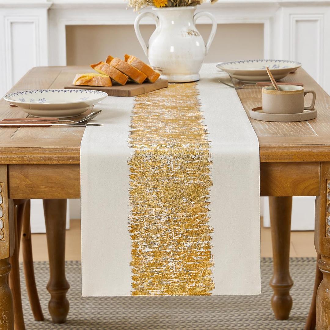 Metallic Style Table Runner, Cotton and Linen Gold Table Runners 90 inches Long,Pre-Pressed Metal Striping Process, Birthday Wedding Decorations for Home Living Room Decor(Gold, 13"x90")