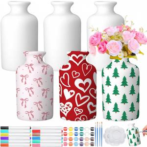 6 Set Paint Your Own Porcelain Vases Paint Vase Project White Ceramic Vases Painting Kit for Adults Porcelain Vase Decorating Kit with Art Supplies Christmas Holiday DIY Craft(Bright)