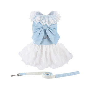 Dog Denim Dress with Leash Ring, Puppy Bowknot Lace Mesh Princess Skirt for Small Pet Fashion Clothes(Light Blue,X-Large)