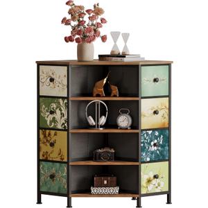 LUMTOK 8 Drawers Corner Dresser with Storage Fabric Drawers and Open Shelves for Small SpaceBedroomEntrywayLiving Room (Retro Pattern)